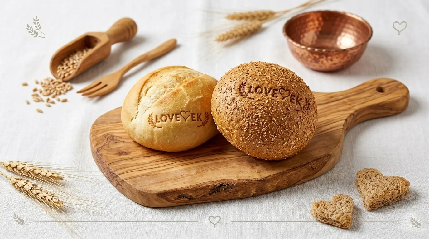LoveMek Unlu Mamülleri — ahşap tahta üzerinde sade ve kepekli roll ekmek